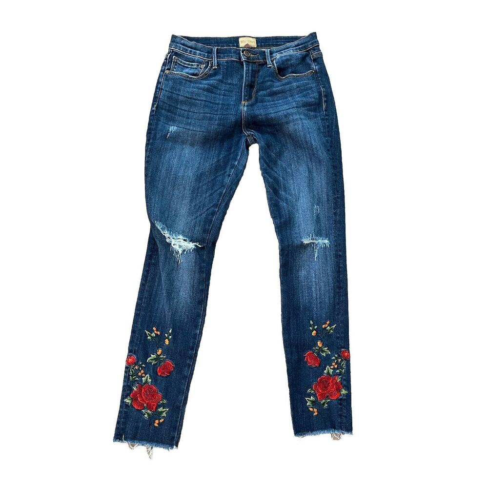 DRIFTWOOD Dark Blue Distressed Jeans with Red Floral Embroidery